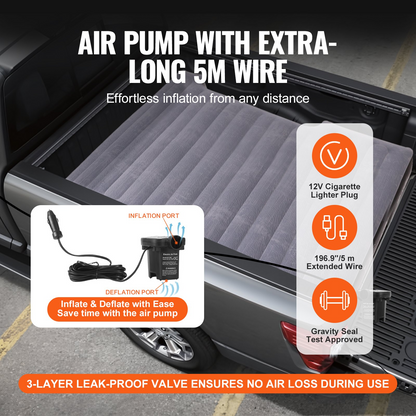 VEVOR Truck Bed Air Mattress - Inflatable Camping Bed for Short Truck Beds, with 12V Air Pump, 600 lbs Load Capacity, Includes Pillows and Carry Bag