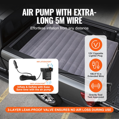 VEVOR Truck Bed Air Mattress - Premium Inflatable Camping Bed for Short Truck Beds | Durable 600 lbs Capacity | Quick Inflate with 12V Air Pump & Cozy Pillows