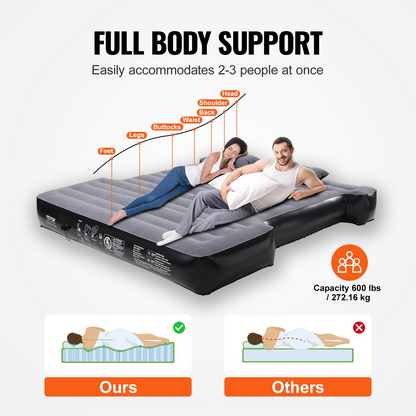 VEVOR Truck Bed Air Mattress - Premium Inflatable Camping Bed for Short Truck Beds | Durable 600 lbs Capacity | Quick Inflate with 12V Air Pump & Cozy Pillows