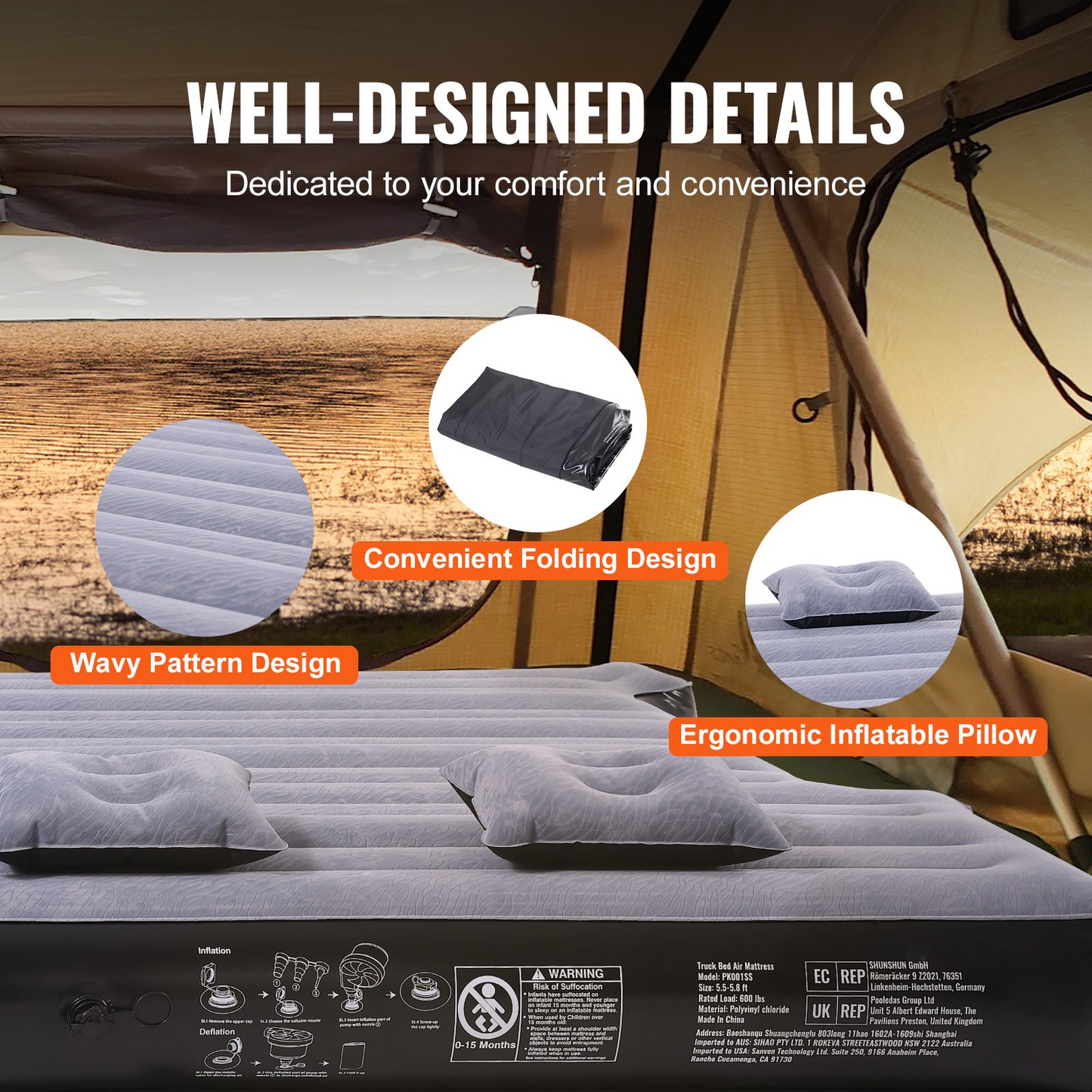 VEVOR Truck Bed Air Mattress - Inflatable Camping Bed for Short Truck Beds, with 12V Air Pump, 600 lbs Load Capacity, Includes Pillows and Carry Bag