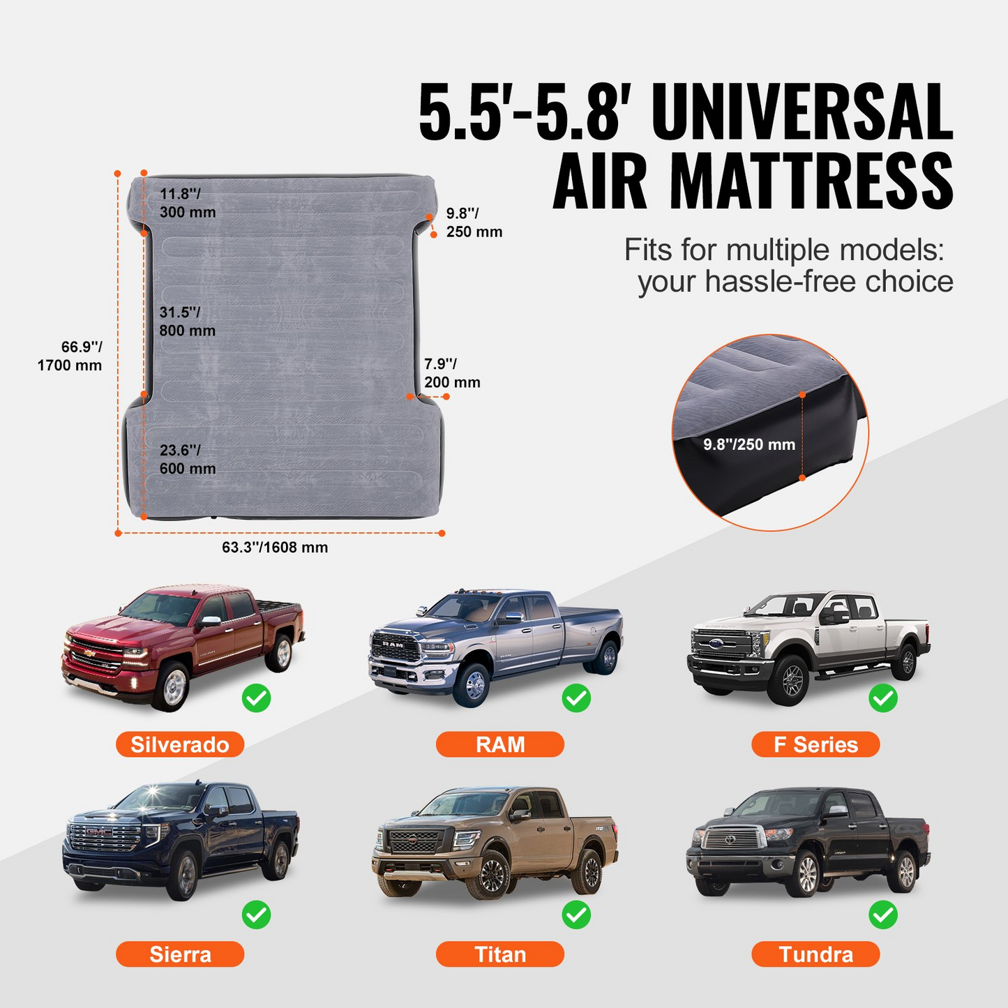 VEVOR Truck Bed Air Mattress - Premium Inflatable Camping Bed for Short Truck Beds | Durable 600 lbs Capacity | Quick Inflate with 12V Air Pump & Cozy Pillows