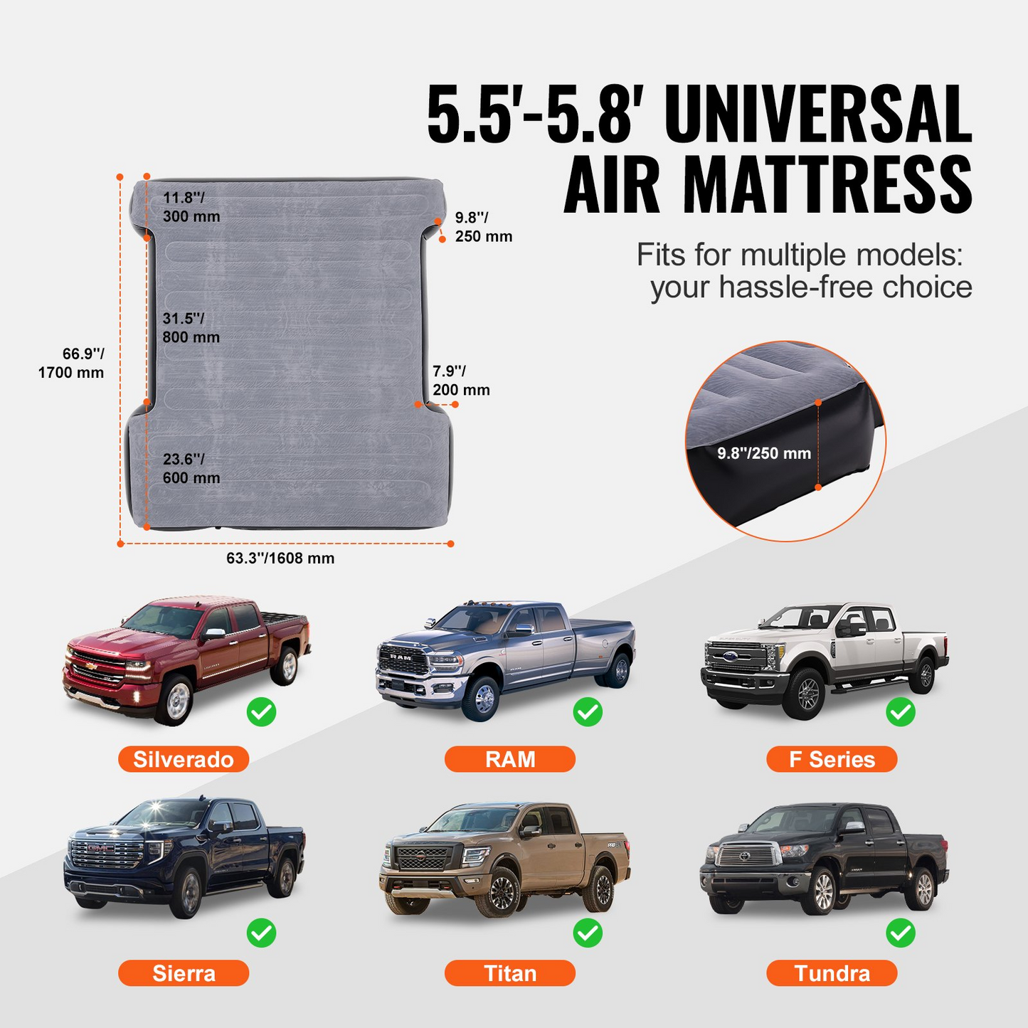 VEVOR Truck Bed Air Mattress - Inflatable Camping Bed for Short Truck Beds, with 12V Air Pump, 600 lbs Load Capacity, Includes Pillows and Carry Bag