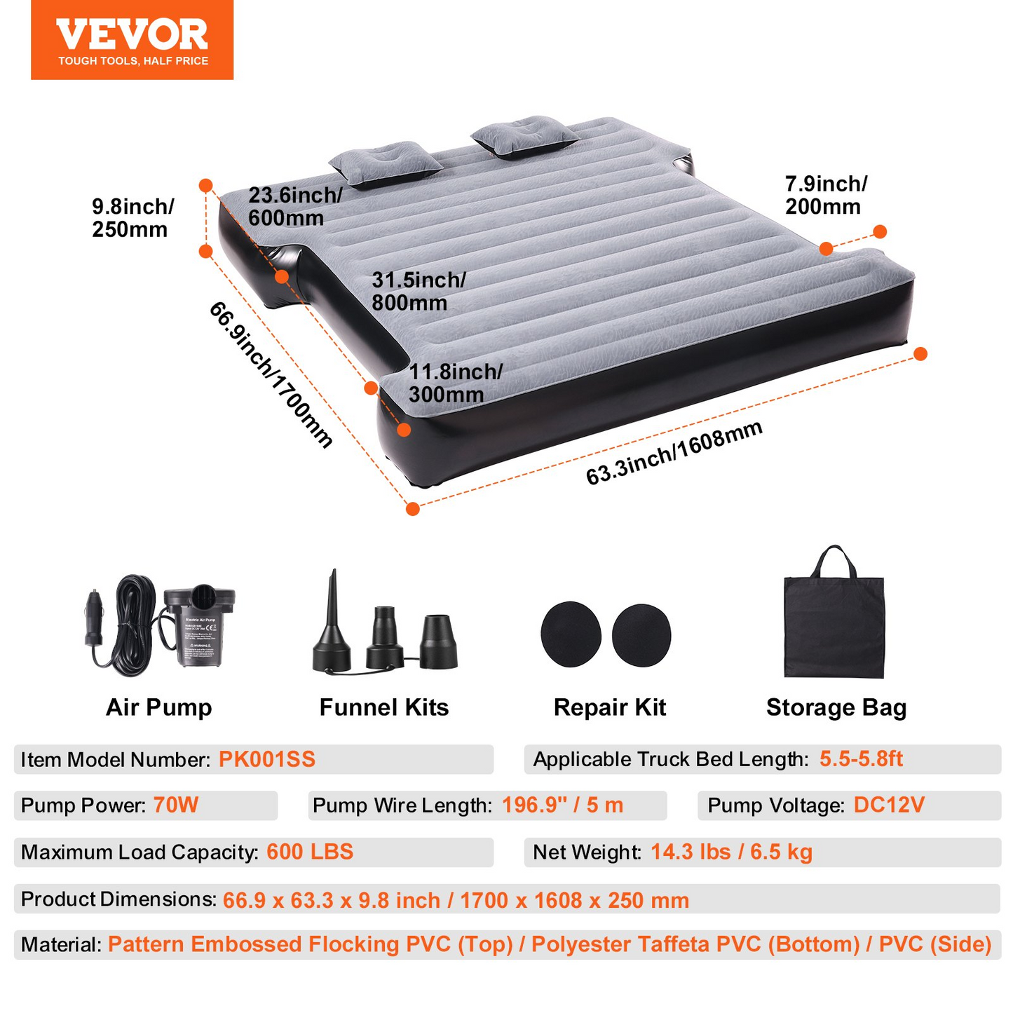 VEVOR Truck Bed Air Mattress - Inflatable Camping Bed for Short Truck Beds, with 12V Air Pump, 600 lbs Load Capacity, Includes Pillows and Carry Bag