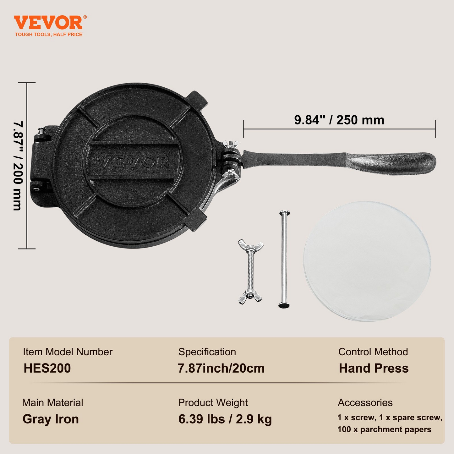 VEVOR 8-Inch Cast Iron Tortilla Press - Heavy Duty Tortilladora for Authentic Tortillas and Rotis
