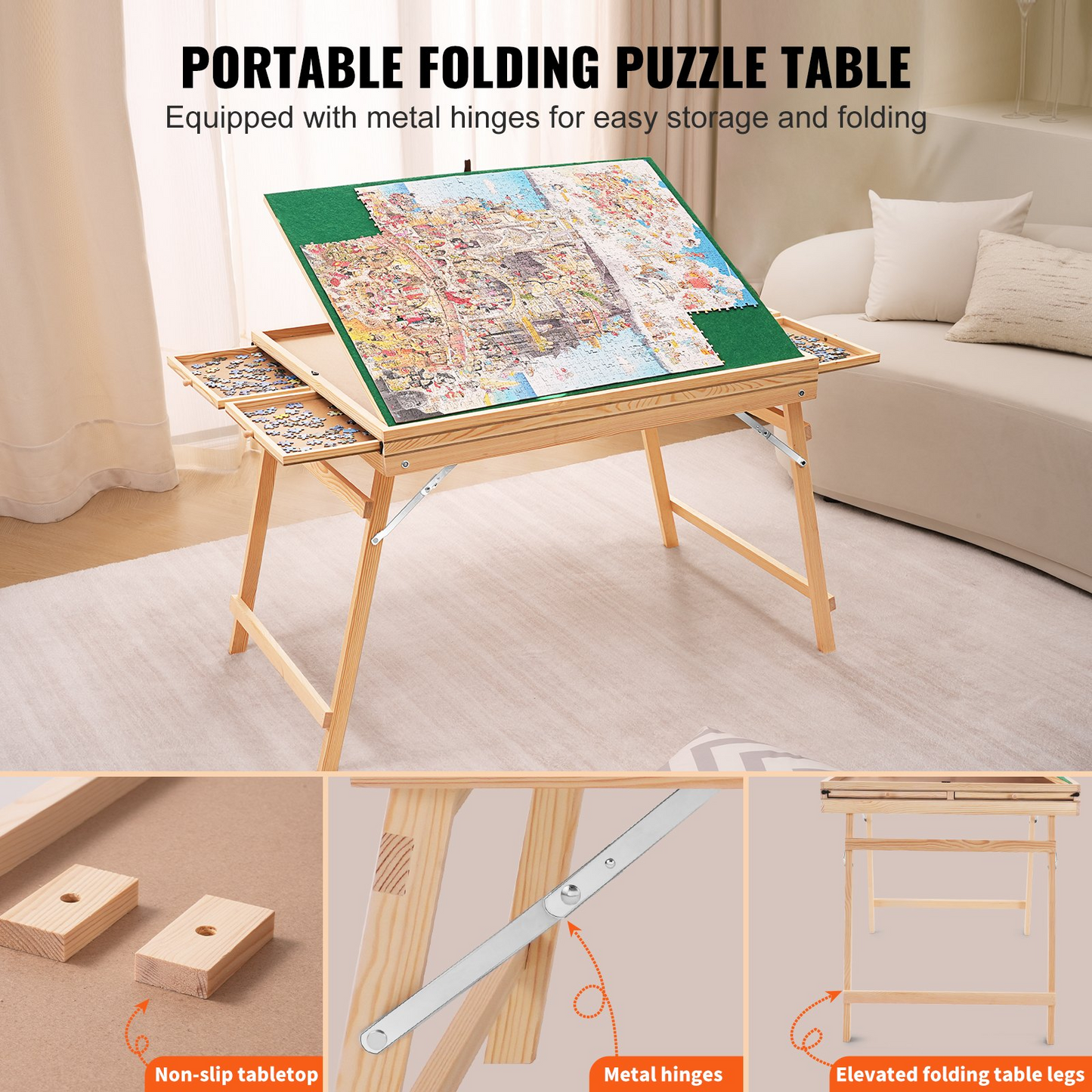 VEVOR 1500 Piece Puzzle Table - Folding Legs, 4 Drawers, Adjustable 3-Tilting-Angle Board, Perfect Gift for Mom