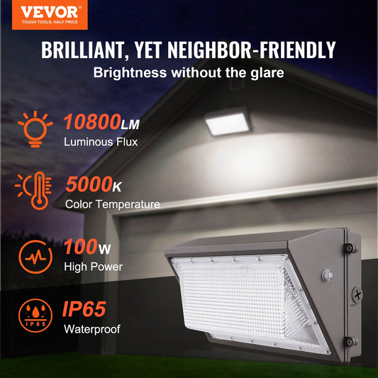 VEVOR 2PCs LED Wall Pack Lights, 100W 10800LM, 5000K Commercial Outdoor Lights