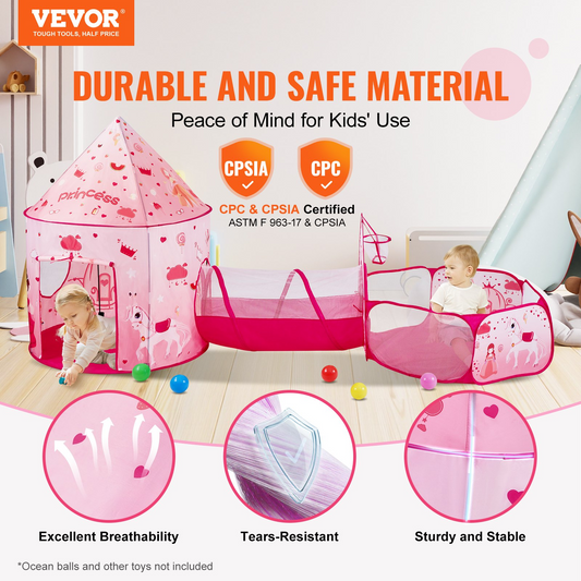 VEVOR 3 in 1 Kids Play Tent with Tunnel - Magenta Pop Up Playhouse | Safe & Durable for Indoor & Outdoor Fun