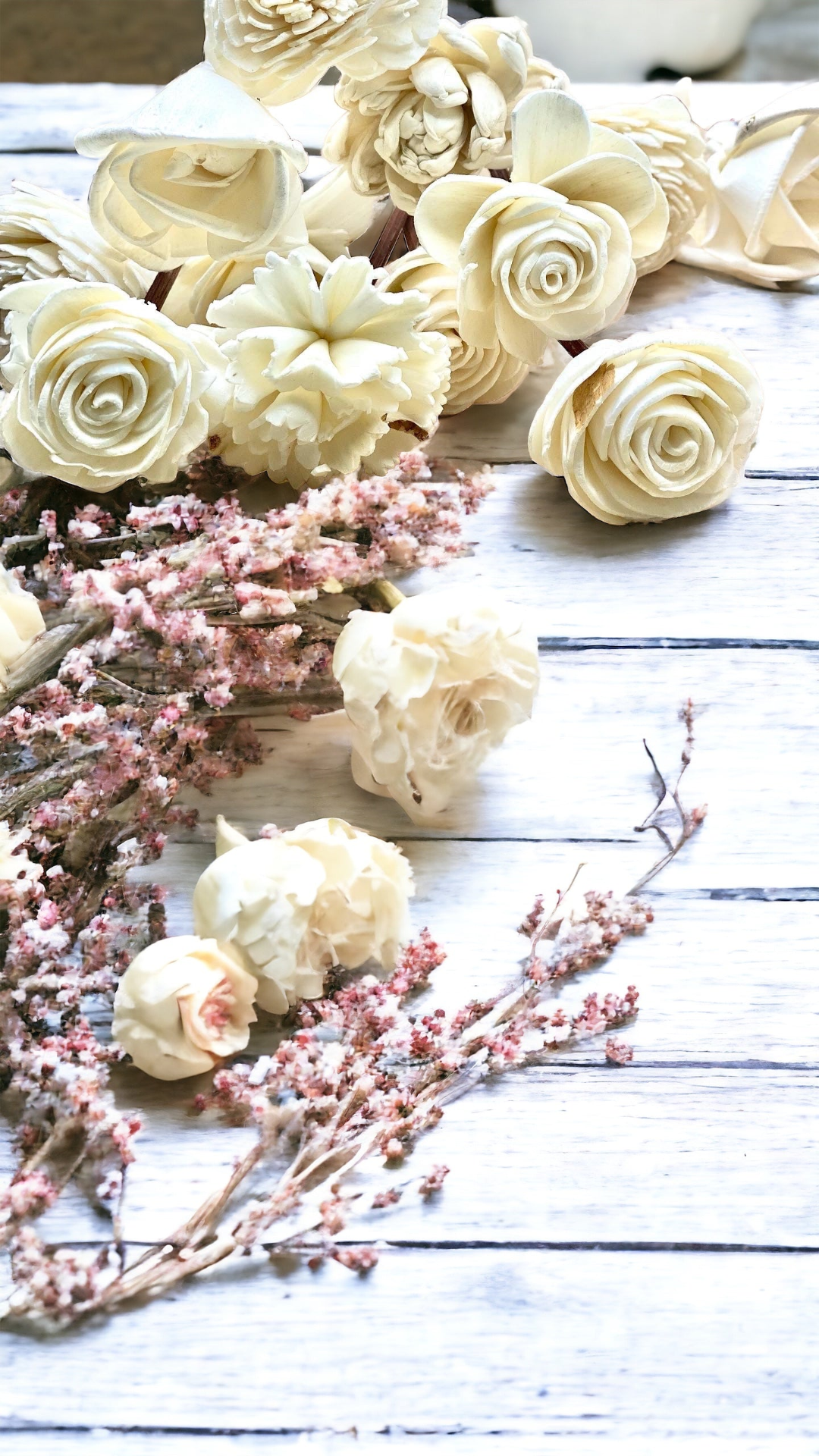 Assorted Mini Sola Wood Flowers with 9” Rattan Reed Diffuser Sticks - 12 Pack, Natural White and Almond Brown, Handmade Craft & Home Decor, Eco-Friendly & Versatile Applications for Gifting, Wedding & Aromatherapy