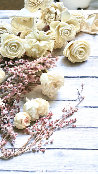 Assorted Mini Sola Wood Flowers with 9” Rattan Reed Diffuser Sticks - 12 Pack, Natural White and Almond Brown, Handmade Craft & Home Decor, Eco-Friendly & Versatile Applications for Gifting, Wedding & Aromatherapy