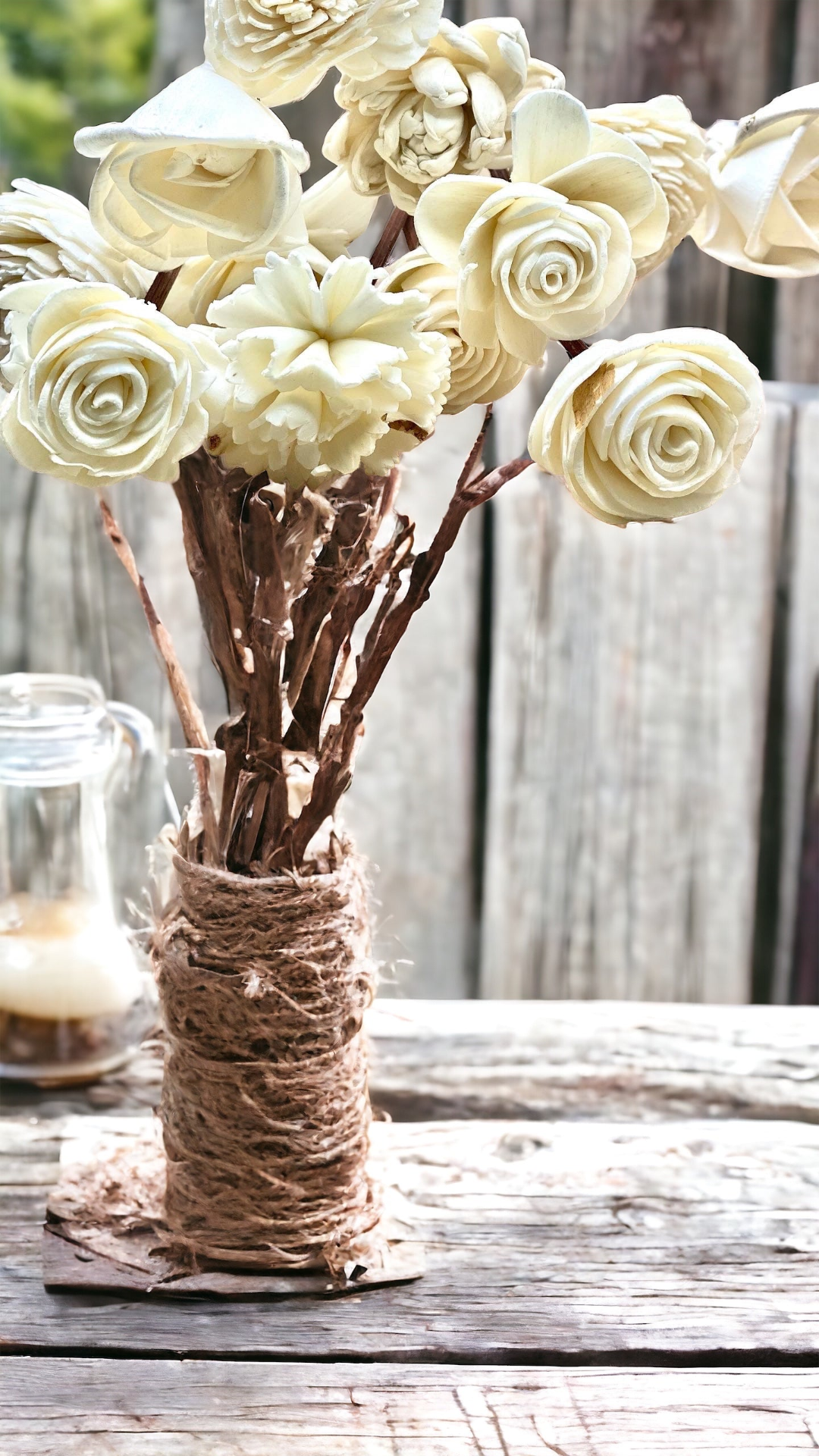 Assorted Mini Sola Wood Flowers with 9” Rattan Reed Diffuser Sticks - 12 Pack, Natural White and Almond Brown, Handmade Craft & Home Decor, Eco-Friendly & Versatile Applications for Gifting, Wedding & Aromatherapy