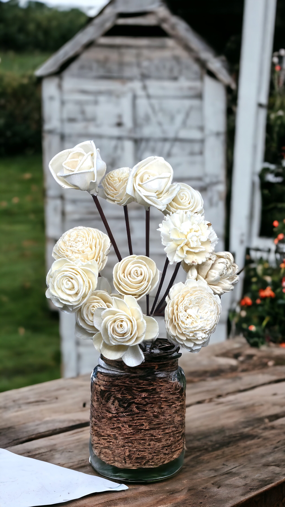 Assorted Mini Sola Wood Flowers with 9” Rattan Reed Diffuser Sticks - 12 Pack, Natural White and Almond Brown, Handmade Craft & Home Decor, Eco-Friendly & Versatile Applications for Gifting, Wedding & Aromatherapy