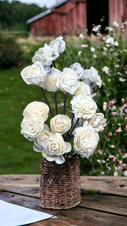 Assorted Mini Sola Wood Flowers with 9” Rattan Reed Diffuser Sticks - 12 Pack, Natural White and Almond Brown, Handmade Craft & Home Decor, Eco-Friendly & Versatile Applications for Gifting, Wedding & Aromatherapy