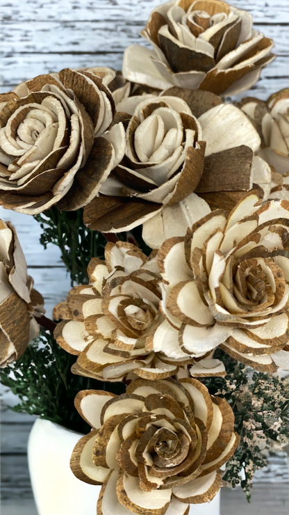Assorted Mini Sola Wood Flowers with 9” Rattan Reed Diffuser Sticks - 12 Pack, Natural White and Almond Brown, Handmade Craft & Home Decor, Eco-Friendly & Versatile Applications for Gifting, Wedding & Aromatherapy