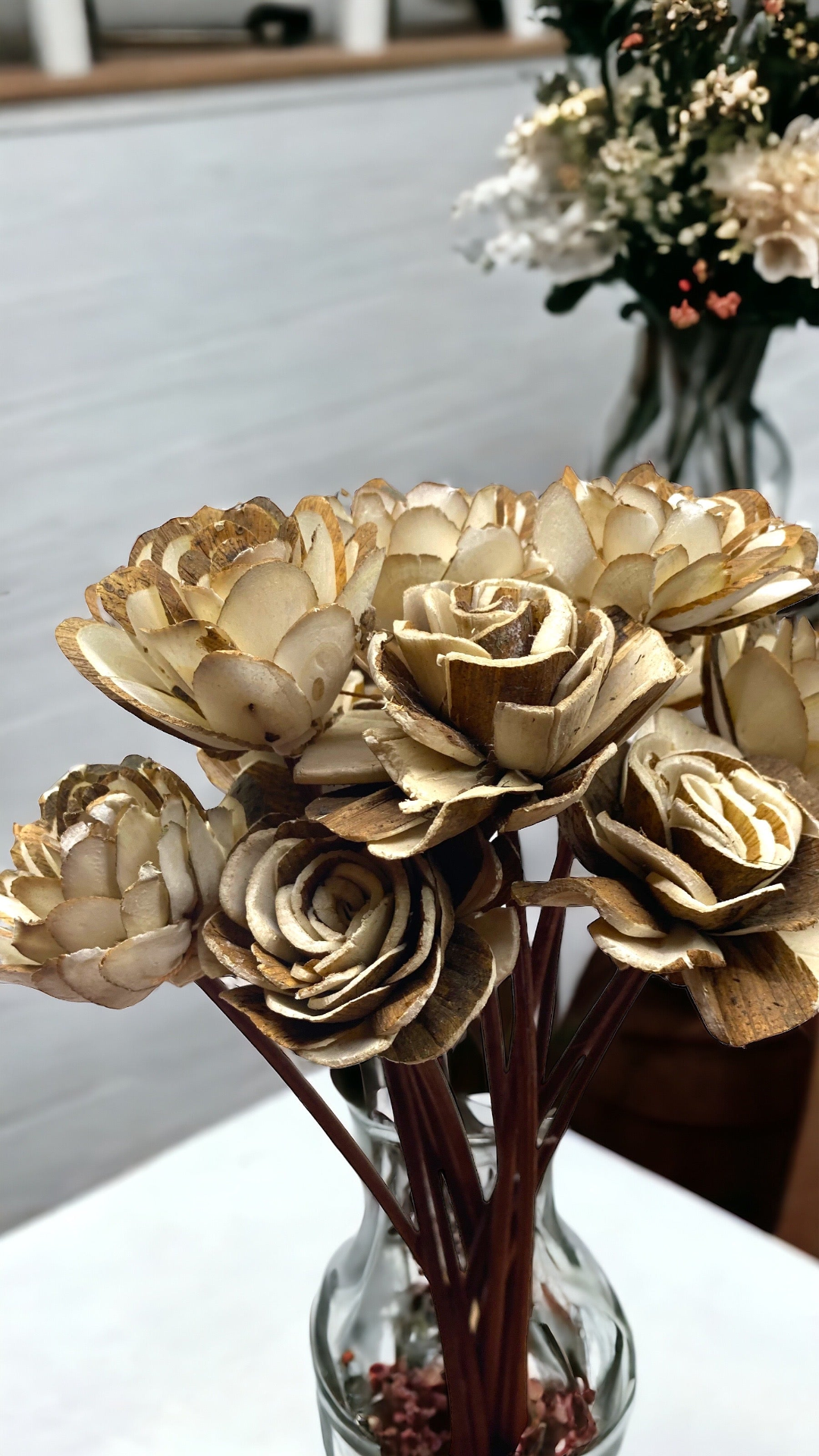 Assorted Mini Sola Wood Flowers with 9” Rattan Reed Diffuser Sticks - 12 Pack, Natural White and Almond Brown, Handmade Craft & Home Decor, Eco-Friendly & Versatile Applications for Gifting, Wedding & Aromatherapy