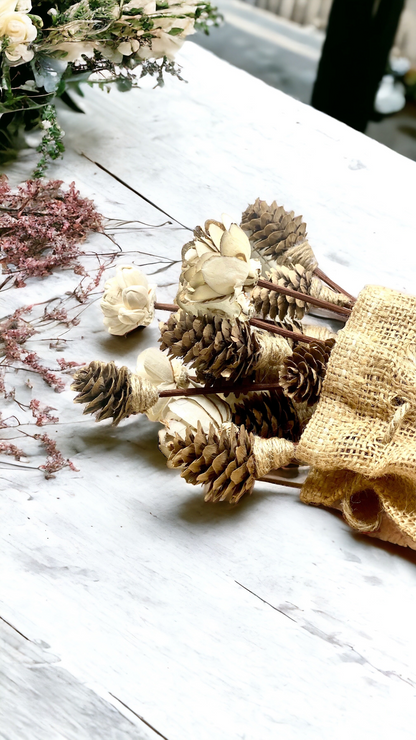 Assorted Mini Sola Wood Flowers with 9” Rattan Reed Diffuser Sticks - 12 Pack, Natural White and Almond Brown, Handmade Craft & Home Decor, Eco-Friendly & Versatile Applications for Gifting, Wedding & Aromatherapy