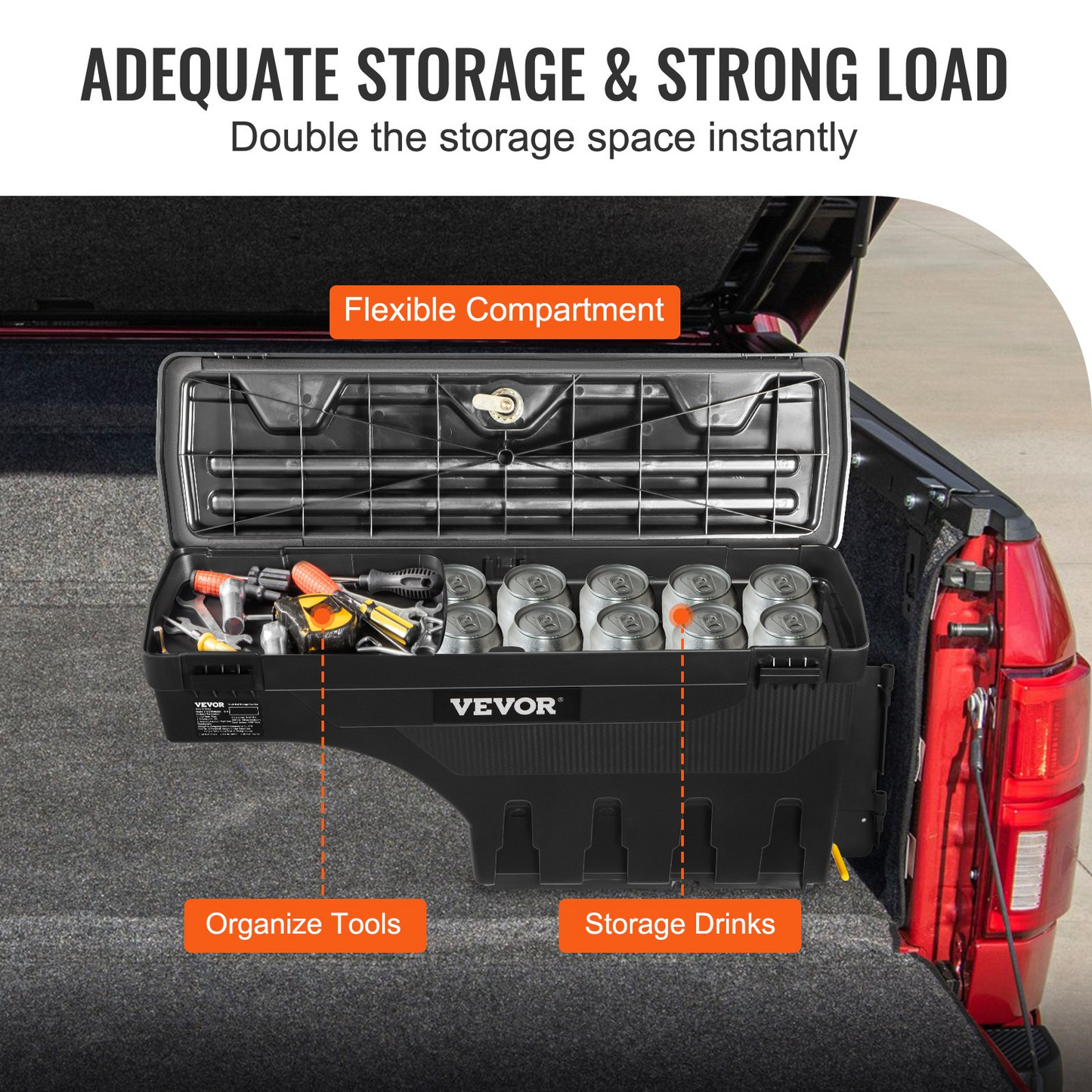 VEVOR Truck Bed Storage Box - Lockable, Waterproof ABS Tool Box, 6.6 Gal/20 L, Fits Chevy Silverado & GMC Sierra 1500 (2019-2021), Black