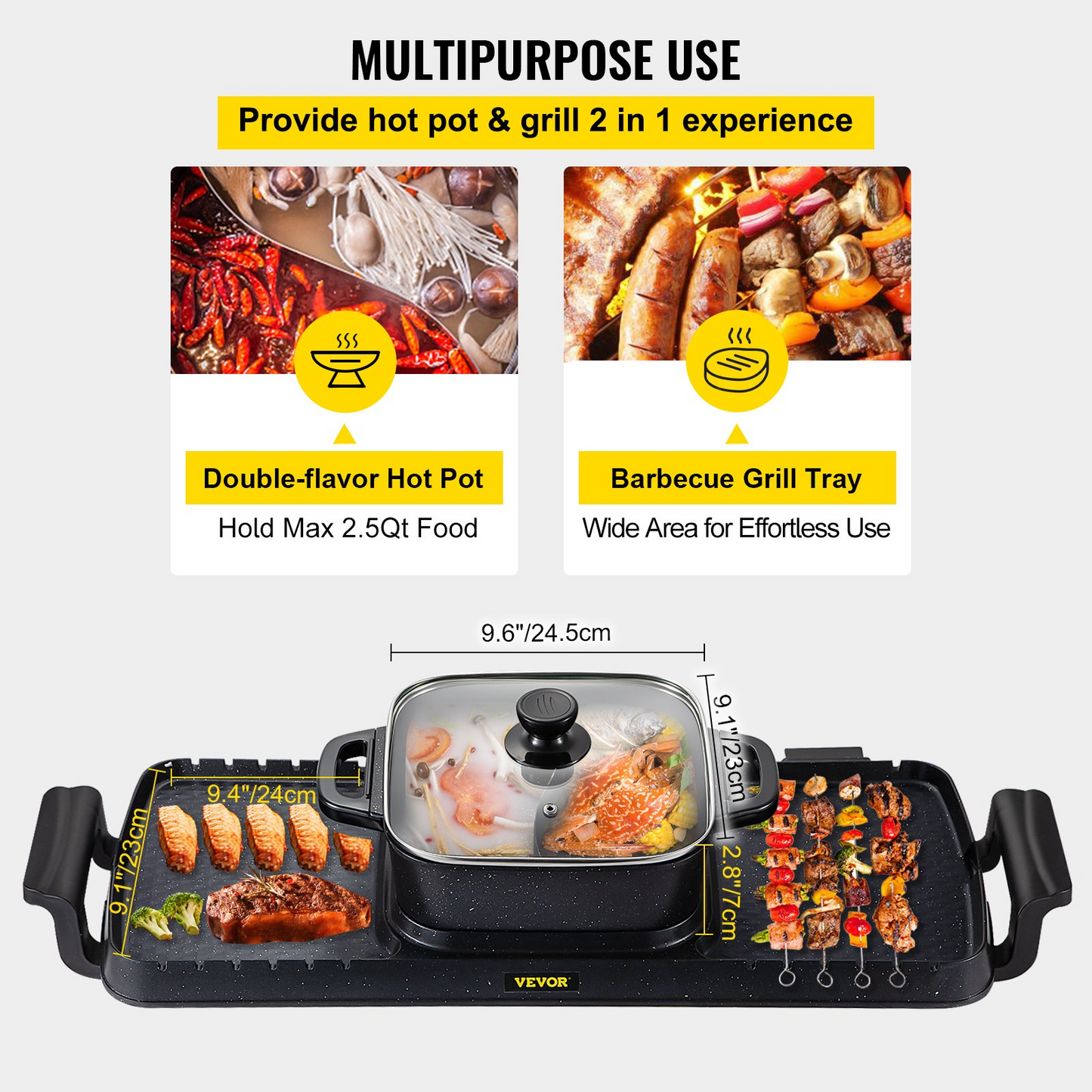 VEVOR 2 in 1 Electric Grill and Hot Pot, BBQ Pan Grill and Hot Pot - Multifunctional Teppanyaki Grill Pot with Dual Temp Control