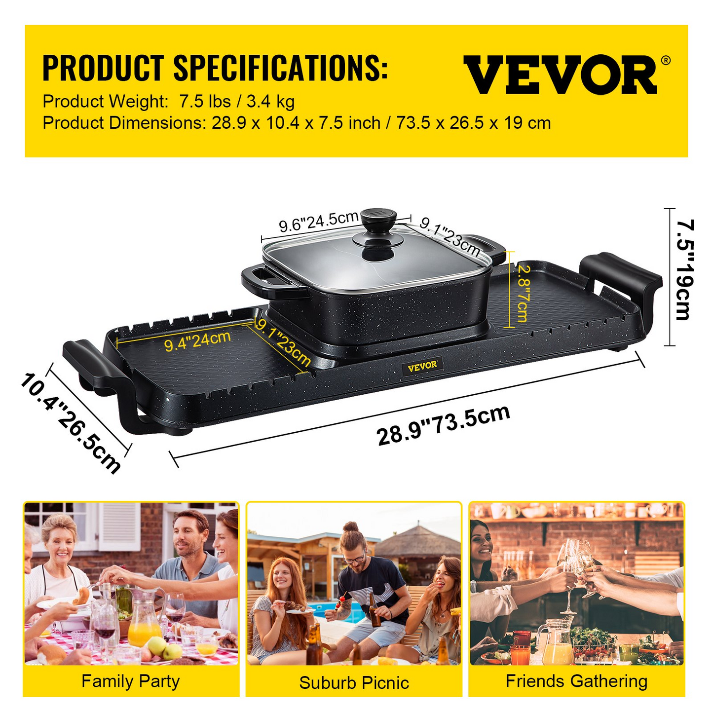 VEVOR 2 in 1 Electric Grill and Hot Pot, BBQ Pan Grill and Hot Pot - Multifunctional Teppanyaki Grill Pot with Dual Temp Control