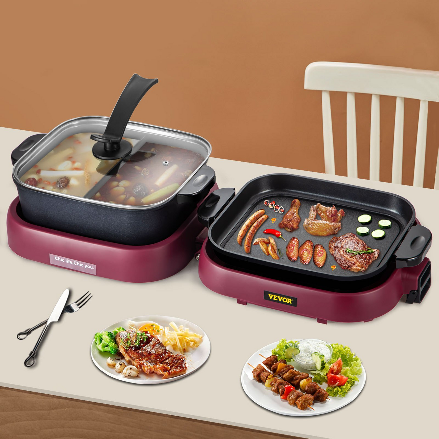 VEVOR 2 in 1 Electric BBQ Pan Grill Hot Pot - Foldable Design, Dual Temperature Control, High-Efficient Heating - 2100W