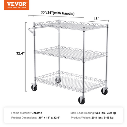 VEVOR 3-Tier Utility Cart Rolling Cart on Wheels 30"x18"x32.4" - Durable and Versatile