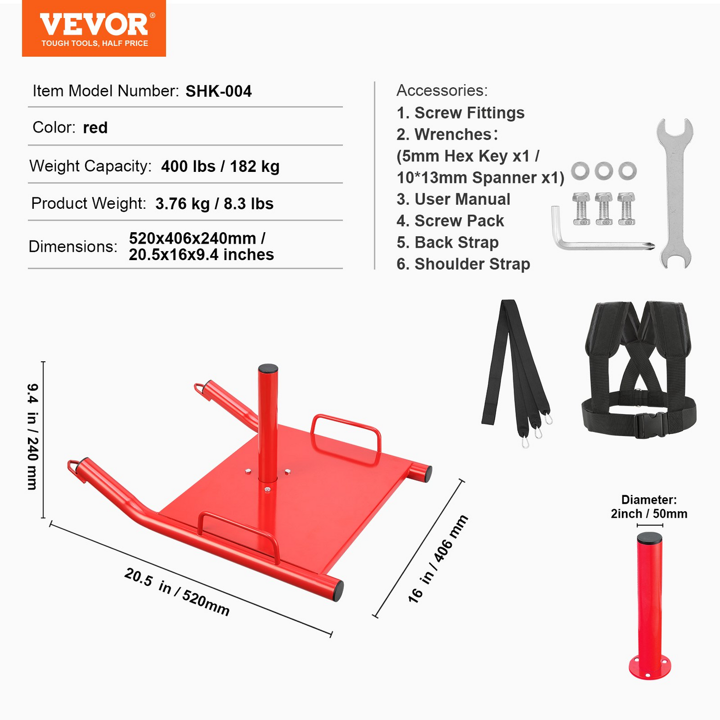 VEVOR Weight Training Pull Sled - Fitness Strength Speed Training Sled for Athletic Exercise and Speed Improvement - Red