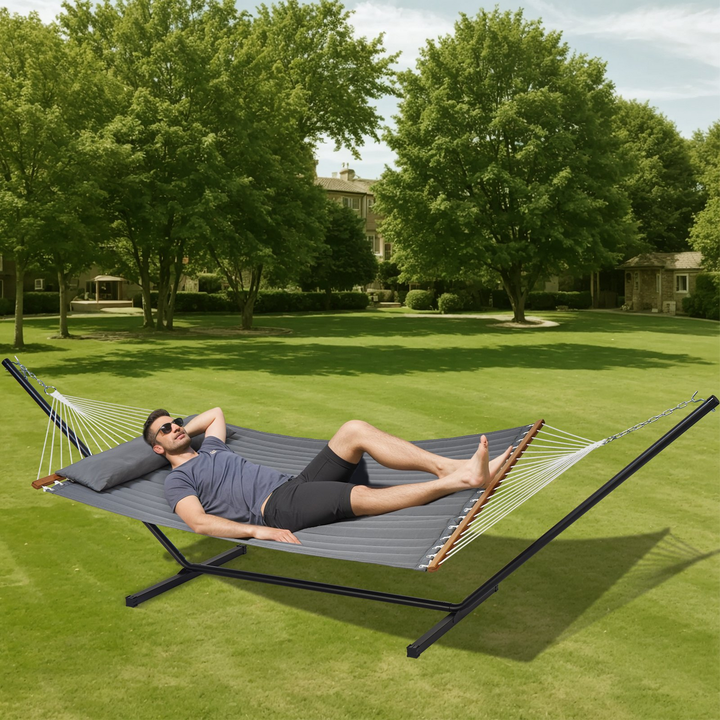 VEVOR Two Person Hammock with Stand Included - Heavy Duty 480lb Capacity, Portable with Storage Bag & Pillow, Perfect for Outdoor Relaxation