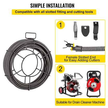 Drain Cable Sewer Cable 75ft 1/2in - Professional Drain Cleaning Tool