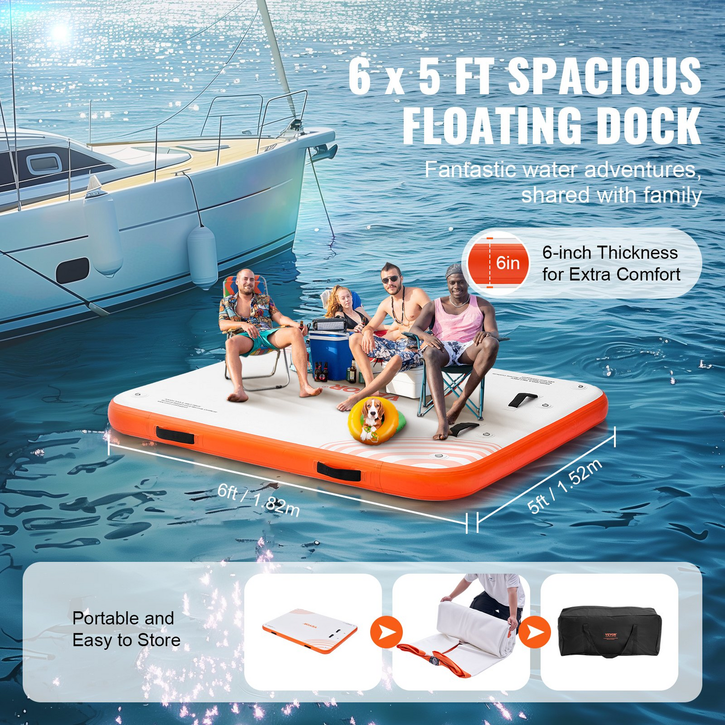 VEVOR Inflatable Floating Dock - 6x5FT Durable Non-Slip Water Mat with Detachable Ladder - Ideal for Pool, Beach, and Ocean Adventures