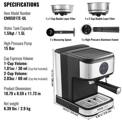 Espresso Machine - Professional Semi-Automatic Coffee & Espresso Maker with 15 Bar Pump, Touch Screen, Milk Frother, and Precise Temp Control