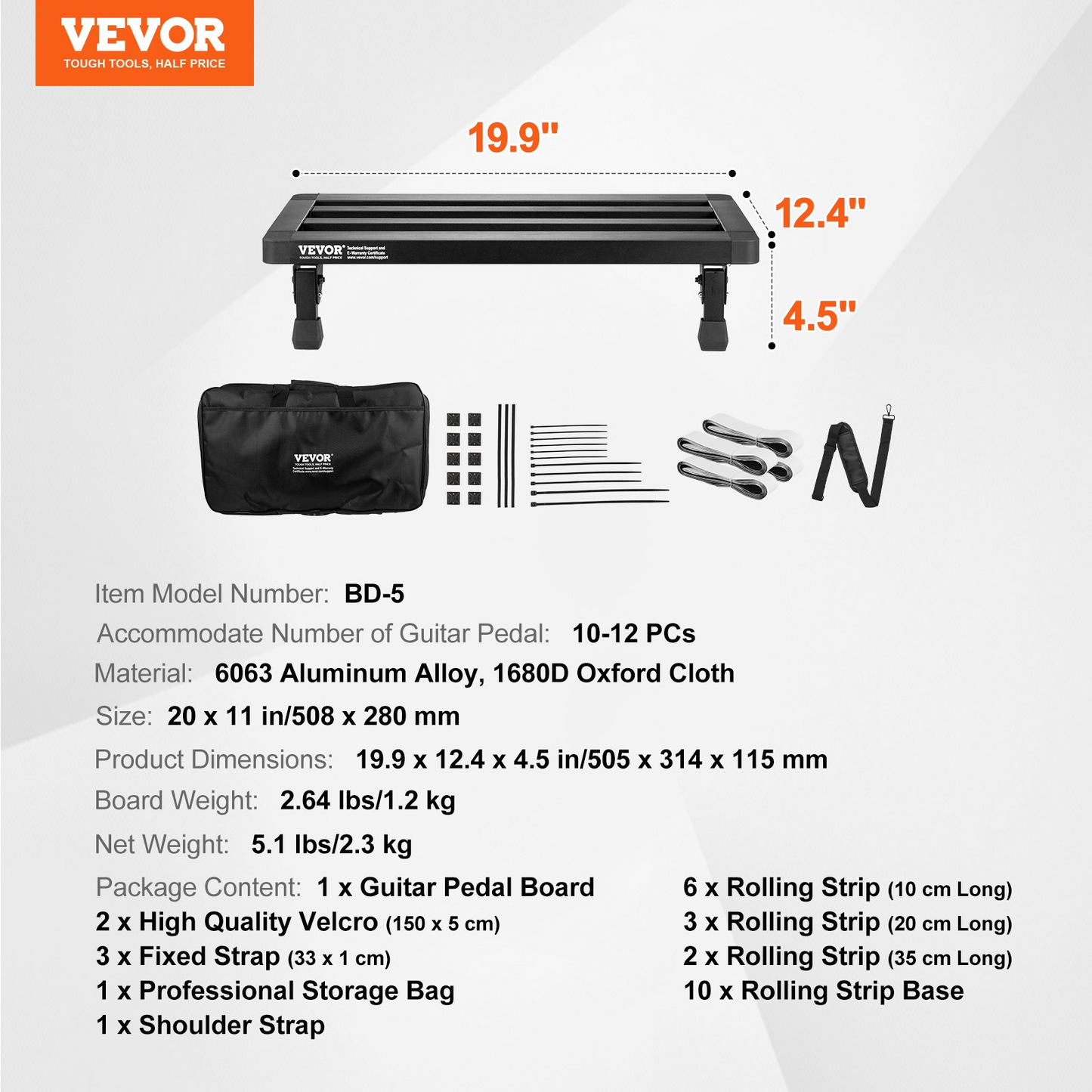 VEVOR 20'' x 11'' Lightweight Guitar Pedal Board with Carry Bag and Straps - Durable Aluminum Alloy Construction, Ideal for Musicians