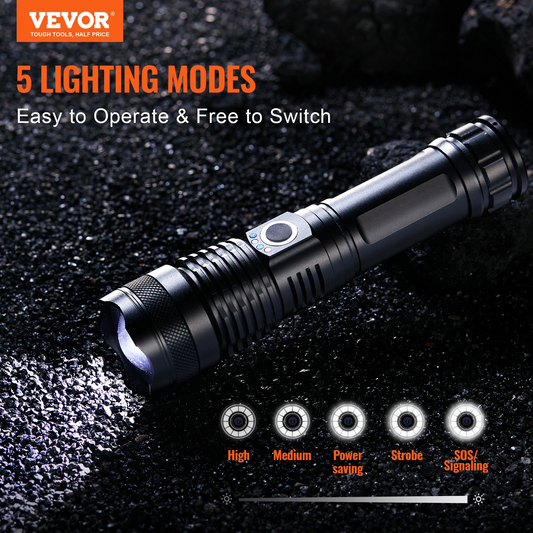 VEVOR 10000 Lumen Rechargeable Flashlight - 5 Lighting Modes, High Lumens, Waterproof Aluminum Alloy for Outdoor & Emergency Use