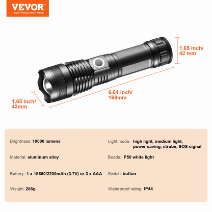VEVOR 10000 Lumen Rechargeable Flashlight - 5 Lighting Modes, High Lumens, Waterproof Aluminum Alloy for Outdoor & Emergency Use
