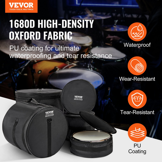 VEVOR 5-Piece Drum Bag Set | Premium Protection with Durable 1680D Oxford Fabric | Padded Drum Cases with Detachable Straps and Handles for Easy Transport