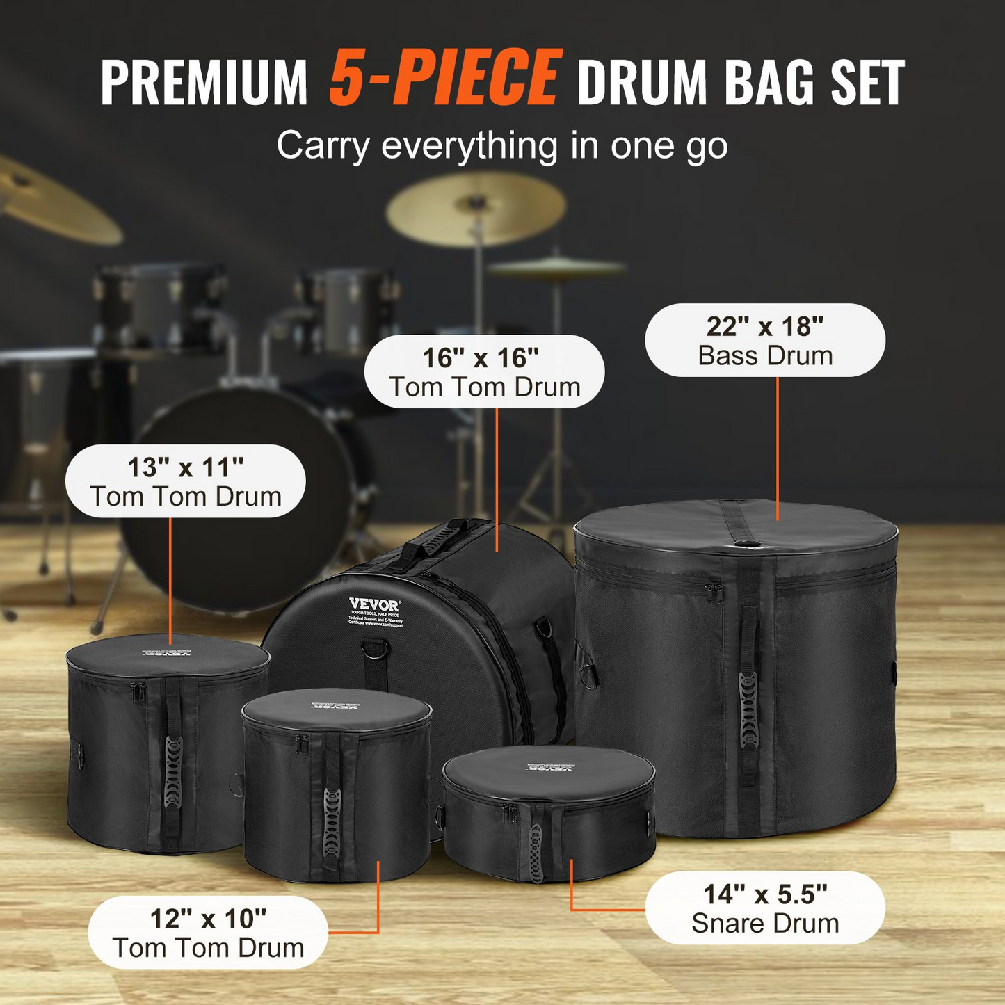 VEVOR 5-Piece Drum Bag Set | Premium Protection with Durable 1680D Oxford Fabric | Padded Drum Cases with Detachable Straps and Handles for Easy Transport