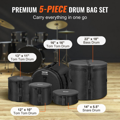 VEVOR 5-Piece Drum Bag Set | Premium Protection with Durable 1680D Oxford Fabric | Padded Drum Cases with Detachable Straps and Handles for Easy Transport