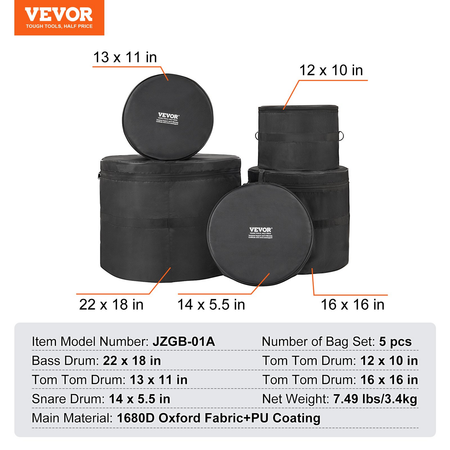 VEVOR 5-Piece Drum Bag Set | Premium Protection with Durable 1680D Oxford Fabric | Padded Drum Cases with Detachable Straps and Handles for Easy Transport