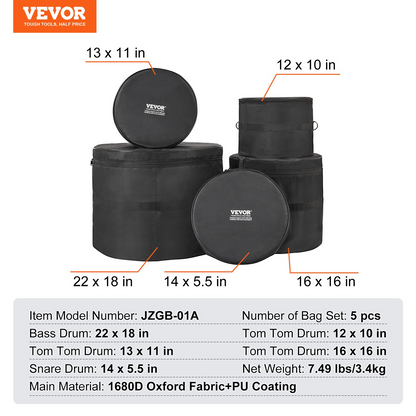 VEVOR 5-Piece Drum Bag Set | Premium Protection with Durable 1680D Oxford Fabric | Padded Drum Cases with Detachable Straps and Handles for Easy Transport