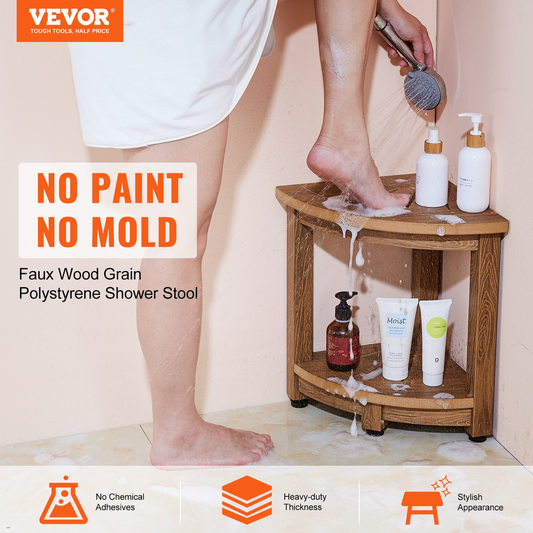 VEVOR Corner Shower Bench - Durable Faux Wood Grain Polystyrene, Water-Resistant Shower Stool with Storage Shelf, Perfect for Indoor and Outdoor Use