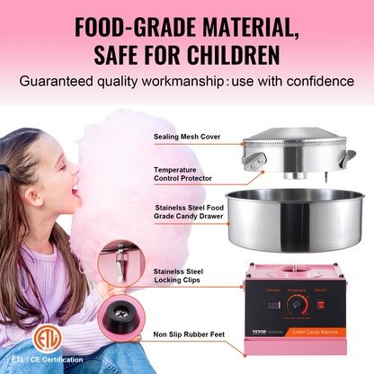 VEVOR 1000W Electric Cotton Candy Machine, Pink Stainless Steel Bowl - Ideal for Kids' Parties & Family Gatherings