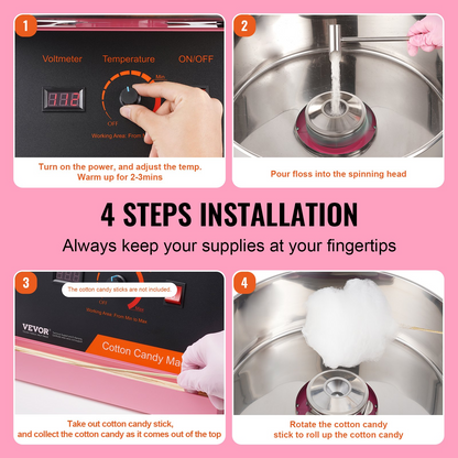 VEVOR 1000W Electric Cotton Candy Machine, Pink Stainless Steel Bowl - Ideal for Kids' Parties & Family Gatherings