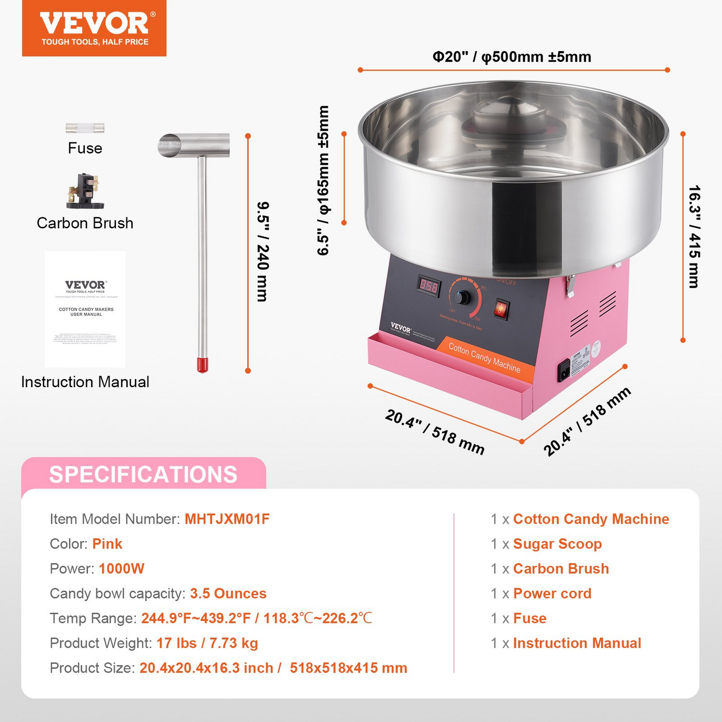 VEVOR 1000W Electric Cotton Candy Machine, Pink Stainless Steel Bowl - Ideal for Kids' Parties & Family Gatherings