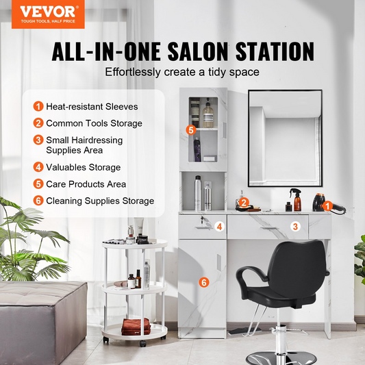 VEVOR Salon Station - Wall-Mounted Barber Station with Ample Storage & Lockable Drawer - Ideal for Hair Stylists & Spas - Elegant White Finish