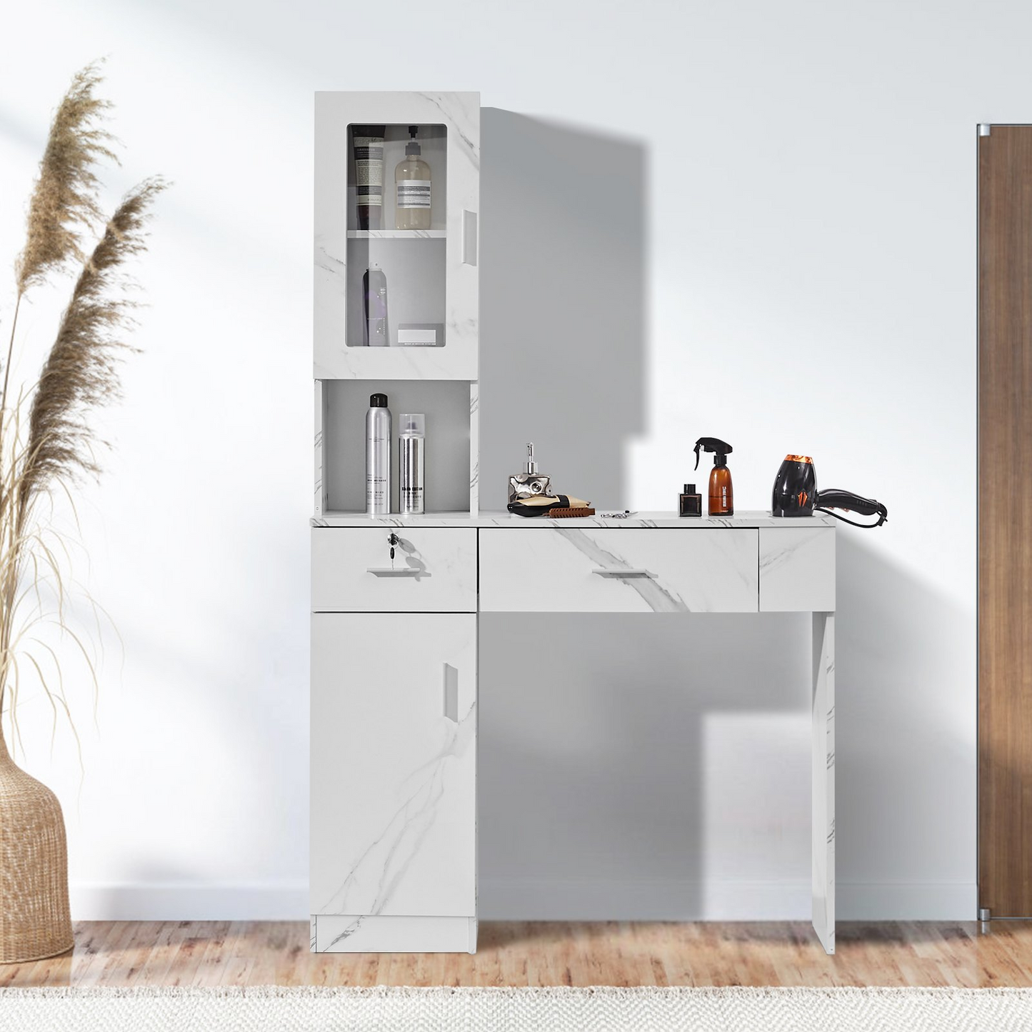VEVOR Salon Station - Wall-Mounted Barber Station with Ample Storage & Lockable Drawer - Ideal for Hair Stylists & Spas - Elegant White Finish