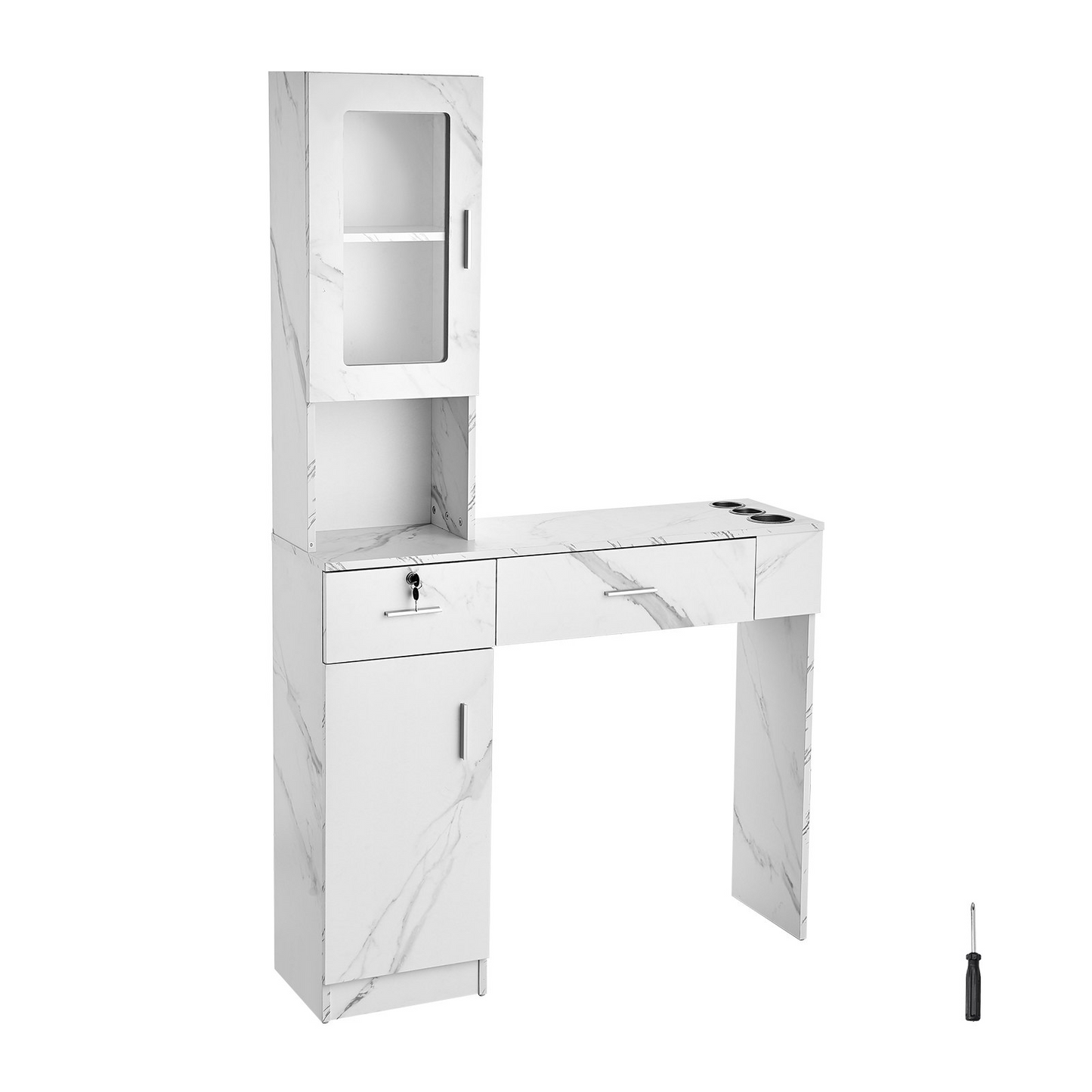VEVOR Salon Station - Wall-Mounted Barber Station with Ample Storage & Lockable Drawer - Ideal for Hair Stylists & Spas - Elegant White Finish
