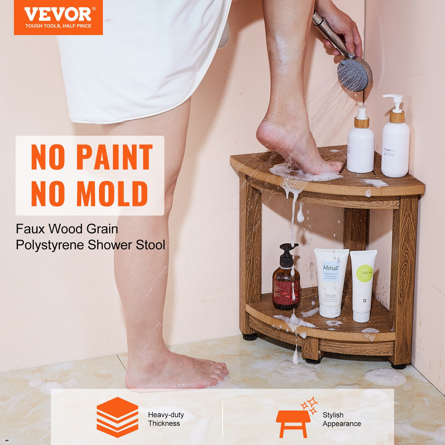 VEVOR Corner Shower Bench - Durable Faux Wood Grain Polystyrene, Water-Resistant Shower Stool with Storage Shelf, Perfect for Indoor and Outdoor Use