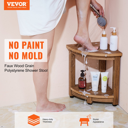 VEVOR Corner Shower Bench - Durable Faux Wood Grain Polystyrene, Water-Resistant Shower Stool with Storage Shelf, Perfect for Indoor and Outdoor Use