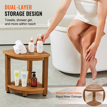 VEVOR Corner Shower Bench - Durable Faux Wood Grain Polystyrene, Water-Resistant Shower Stool with Storage Shelf, Perfect for Indoor and Outdoor Use