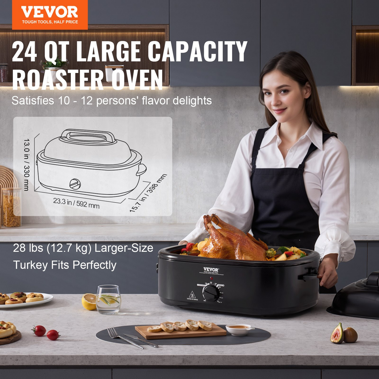 VEVOR 24 QT Electric Roaster Oven, 1450W, Self-Basting Lid, Defrost & Warm Functions - Perfect for Cooking Turkey and More