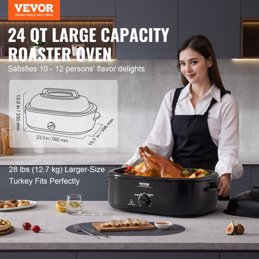 VEVOR 24 QT Electric Roaster Oven, 1450W, Self-Basting Lid, Defrost & Warm Functions - Perfect for Cooking Turkey and More