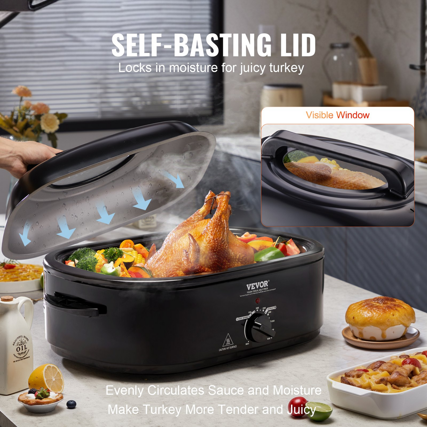 VEVOR 24 QT Electric Roaster Oven, 1450W, Self-Basting Lid, Defrost & Warm Functions - Perfect for Cooking Turkey and More